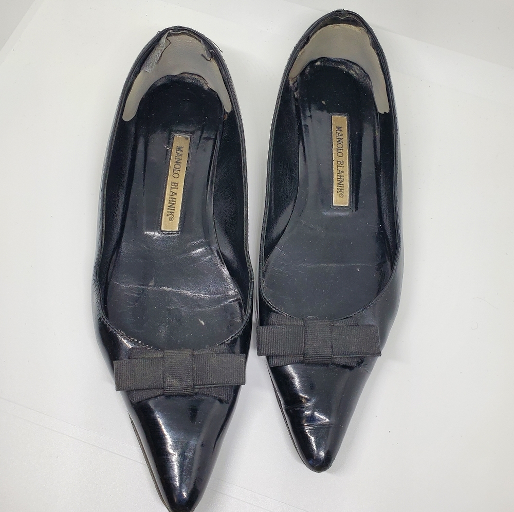 Manolo Blahnik Black Patent Pointed-Toe Flats with Grosgrain Bow